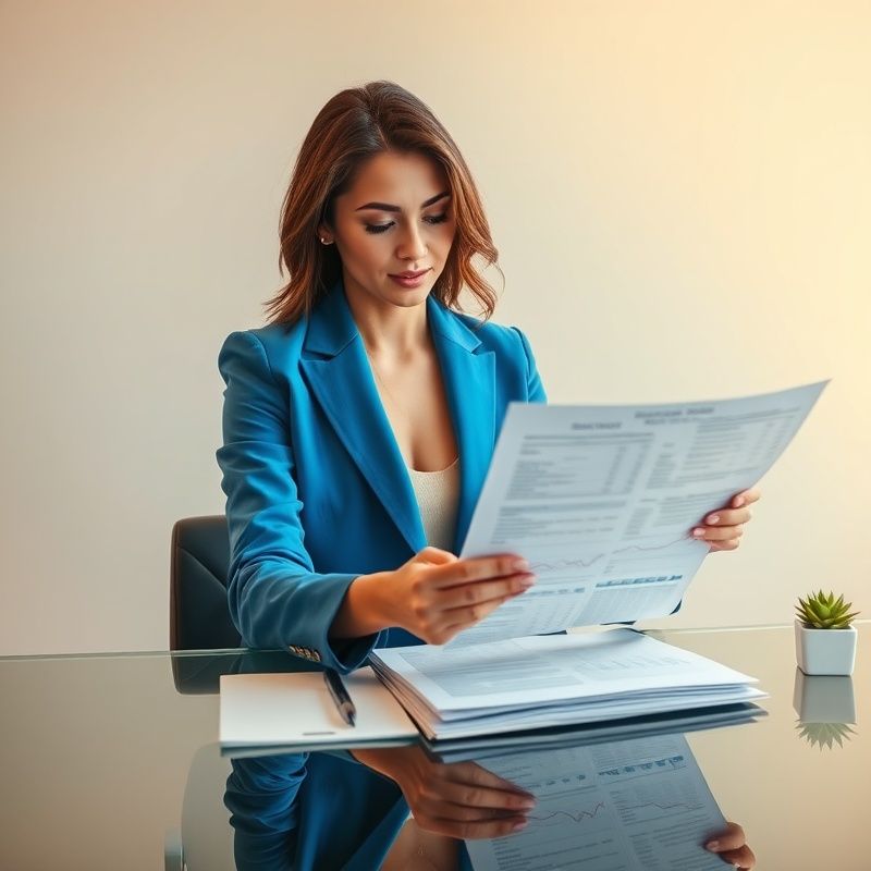 Consultantă analizând un raport financiar la un birou de sticlă